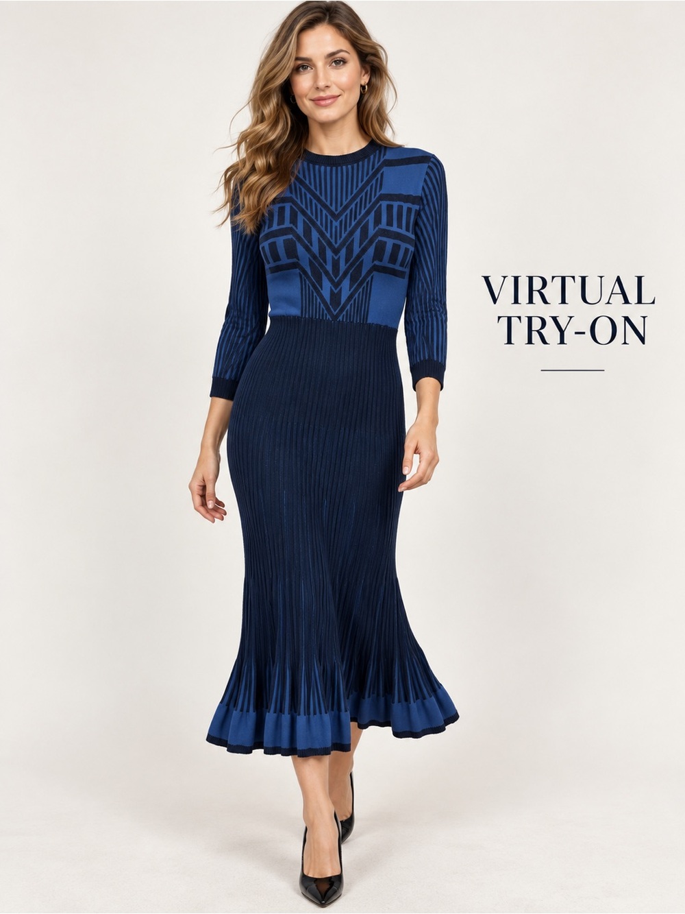 ELIO Textured Geometric Knit Midi Dress Blue Black Size L 3/4 Sleeve